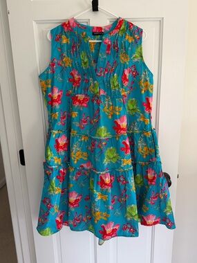 APNY XL 100% Cotton Floral Tiered Sleeveless Babydoll Dress w Pockets